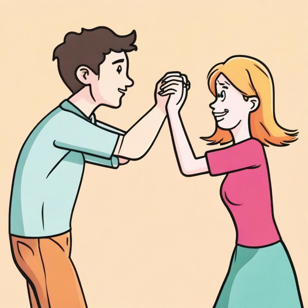 A whimsical and slightly humorous scene where a person reaches out to hold someone's hand but ends up grabbing their elbow instead