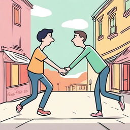 A whimsical and slightly humorous scene where a person reaches out to hold someone's hand but ends up grabbing their elbow instead