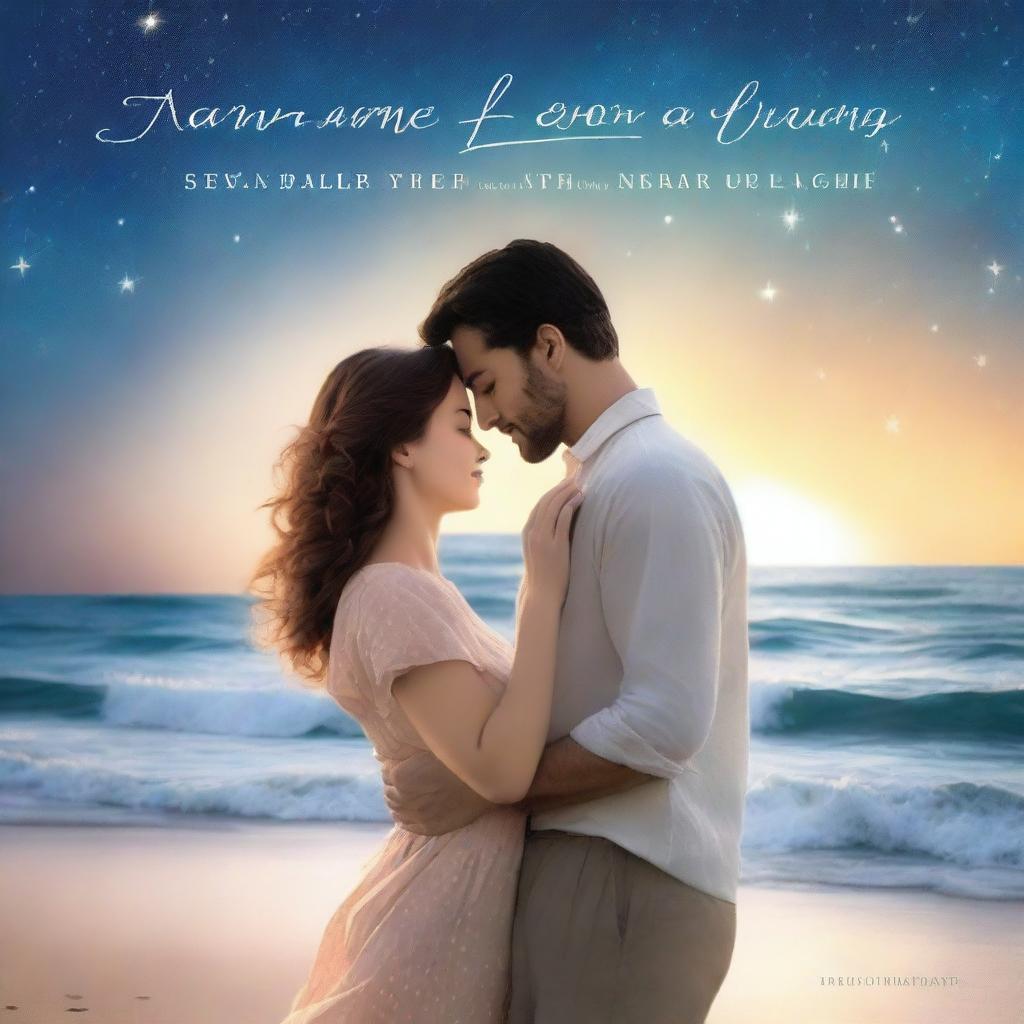 A romantic novel cover featuring a couple embracing under a starlit sky