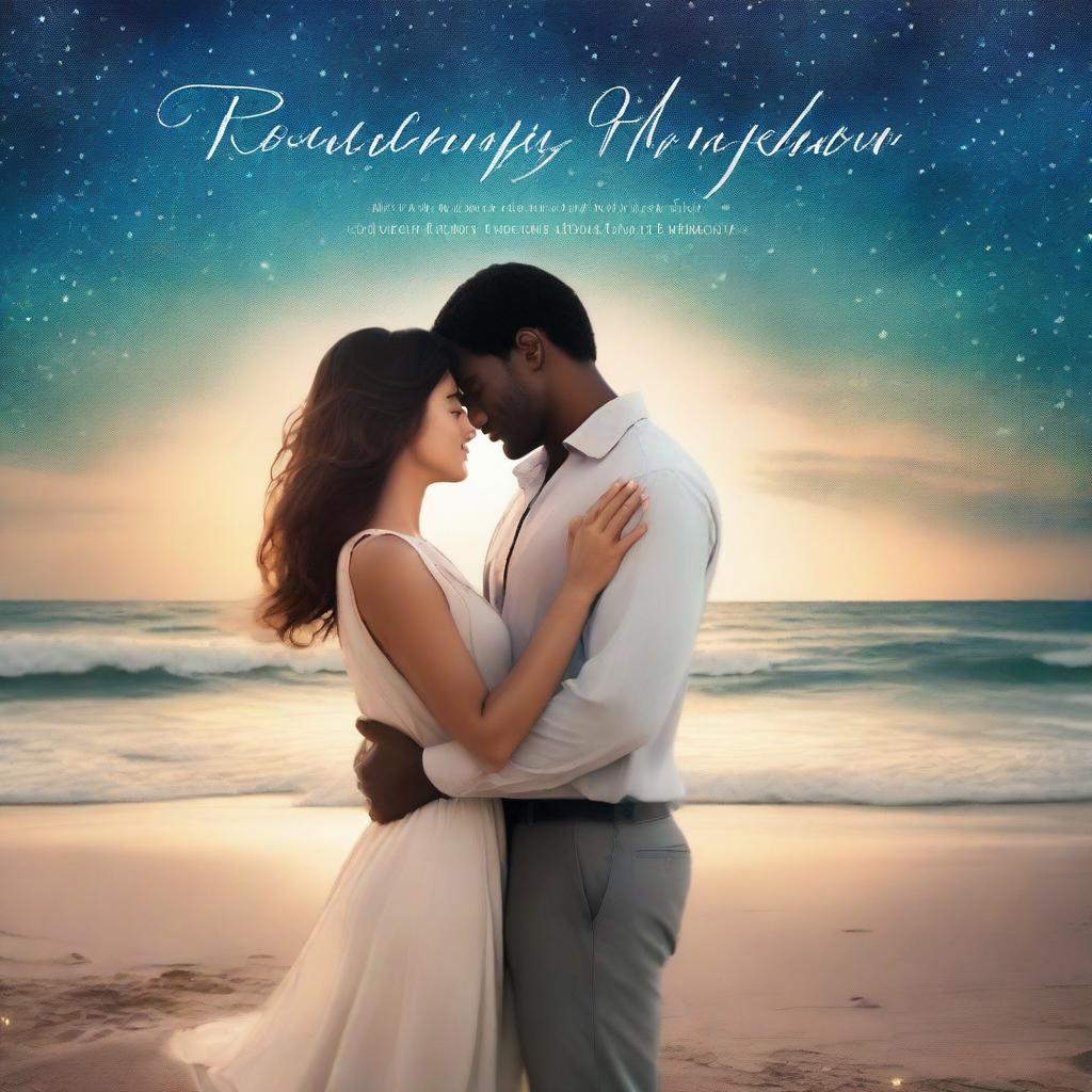 A romantic novel cover featuring a couple embracing under a starlit sky