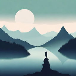 A minimalist fantasy book cover featuring a mystical landscape with towering mountains, a serene lake, and a silhouette of a lone adventurer