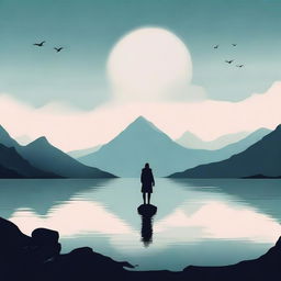 A minimalist fantasy book cover featuring a mystical landscape with towering mountains, a serene lake, and a silhouette of a lone adventurer