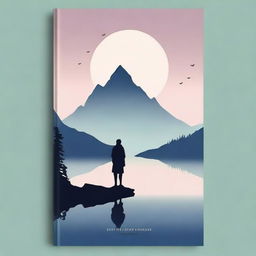 A minimalist fantasy book cover featuring a mystical landscape with towering mountains, a serene lake, and a silhouette of a lone adventurer