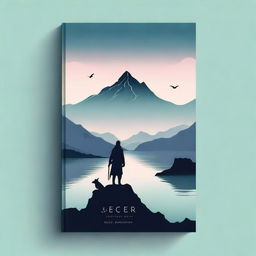 A minimalist fantasy book cover featuring a mystical landscape with towering mountains, a serene lake, and a silhouette of a lone adventurer