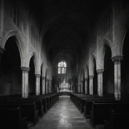 The haunted gothic church at night, filled with ornate architecture and melancholy frescoes. Faint shadows reveal white ghosts sitting in the darkness, all rendered in stark black and white.