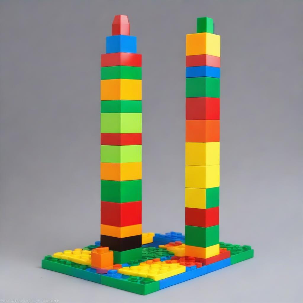 Create an image of a tower made of 6 LEGO construction blocks, each block being a different color