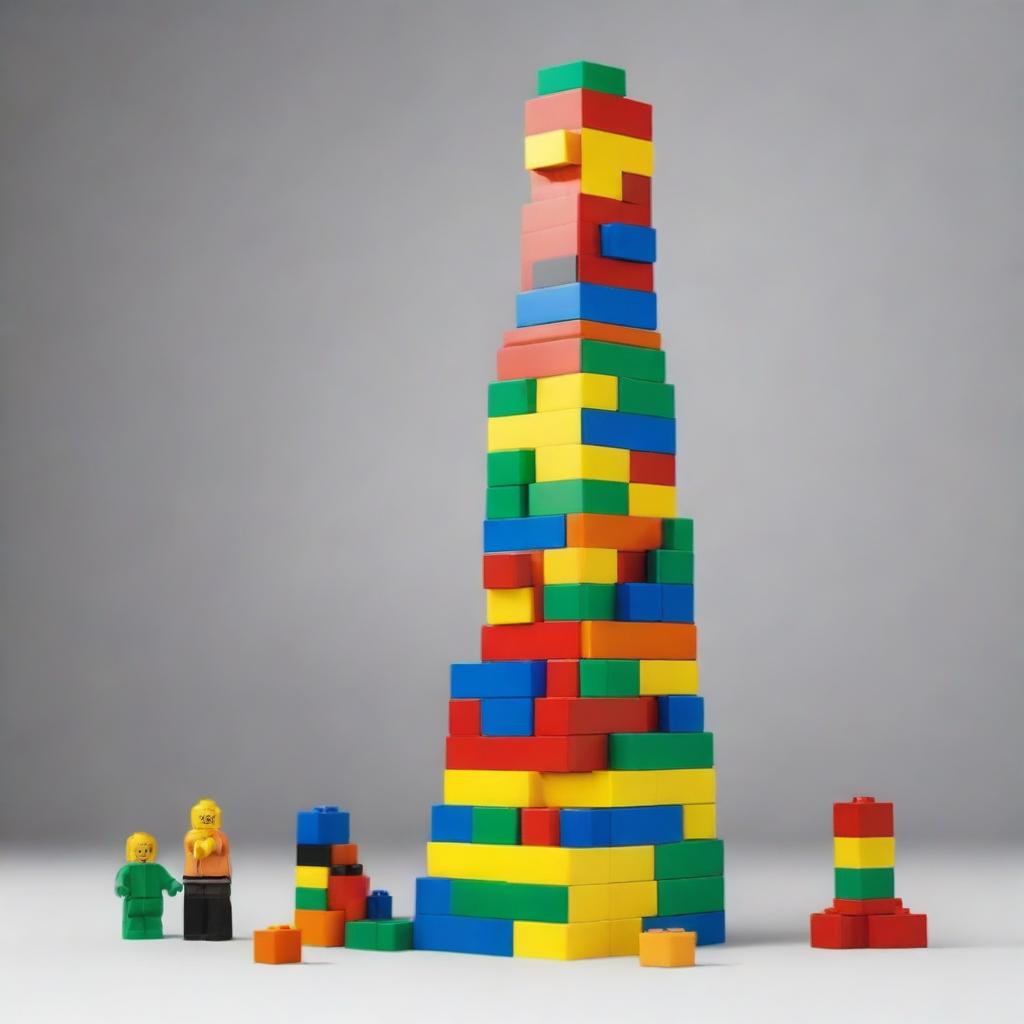 Create an image of a tower made of 6 LEGO construction blocks, each block being a different color