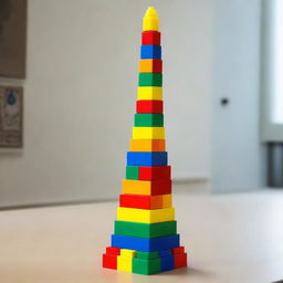 Create an image of a tower made of 6 LEGO construction blocks, each block being a different color