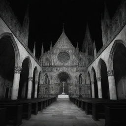 The haunted gothic church at night, filled with ornate architecture and melancholy frescoes. Faint shadows reveal white ghosts sitting in the darkness, all rendered in stark black and white.