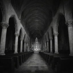 The haunted gothic church at night, filled with ornate architecture and melancholy frescoes. Faint shadows reveal white ghosts sitting in the darkness, all rendered in stark black and white.