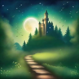 Create a captivating book cover with an enchanting forest scene, featuring a mystical pathway leading to a hidden castle in the distance