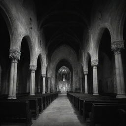 The haunted gothic church at night, filled with ornate architecture and melancholy frescoes. Faint shadows reveal white ghosts sitting in the darkness, all rendered in stark black and white.