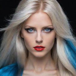 A female portrait with long, flowing hair, split evenly between black and silver-blonde. She has one azure blue eye, and one scarlet red eye.