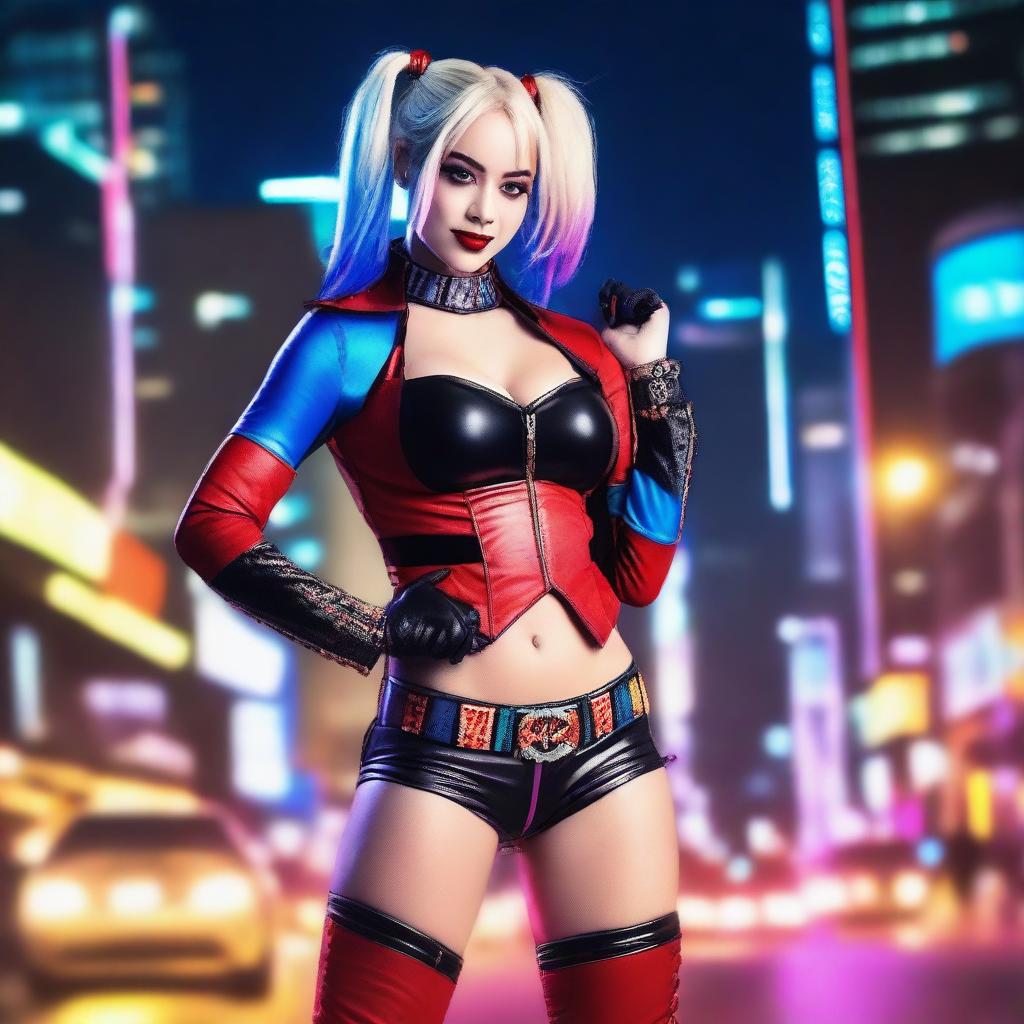 A blonde Asian woman dressed in a Harley Quinn costume, showing a bit of cleavage