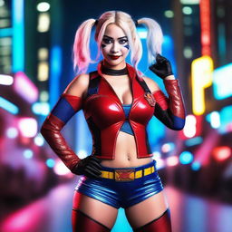 A blonde Asian woman dressed in a Harley Quinn costume, showing a bit of cleavage