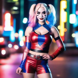 A blonde Asian woman dressed in a Harley Quinn costume, showing a bit of cleavage