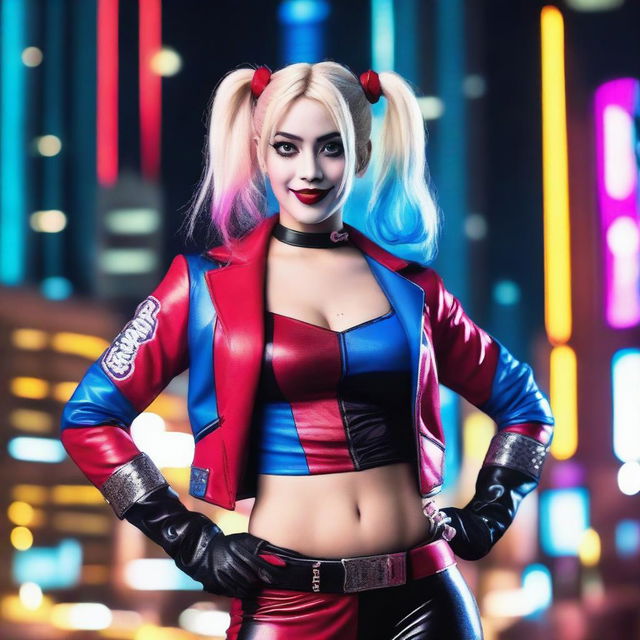 A blonde Asian woman dressed in a Harley Quinn costume, showing a bit of cleavage