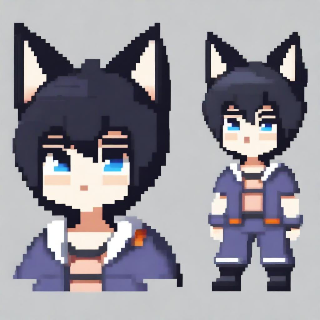 Create a pixel art image of a catboy with black hair, styled in the manner of a vtuber