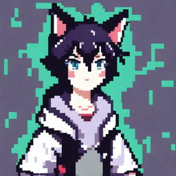 Create a pixel art image of a catboy with black hair, styled in the manner of a vtuber