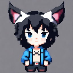 Create a pixel art image of a catboy with black hair, styled in the manner of a vtuber