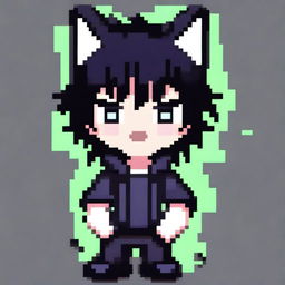 Create a pixel art image of a catboy with black hair, styled in the manner of a vtuber