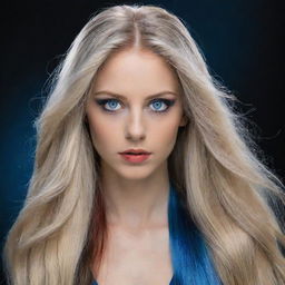 A female portrait with long, flowing hair, split evenly between black and silver-blonde. She has one azure blue eye, and one scarlet red eye.