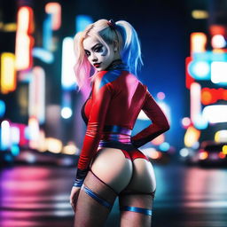 A blonde Asian woman wearing a revealing Harley Quinn costume, bending over