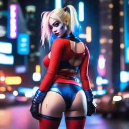 A blonde Asian woman wearing a revealing Harley Quinn costume, bending over