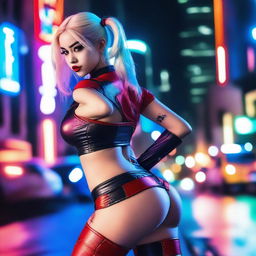 A blonde Asian woman wearing a revealing Harley Quinn costume, bending over