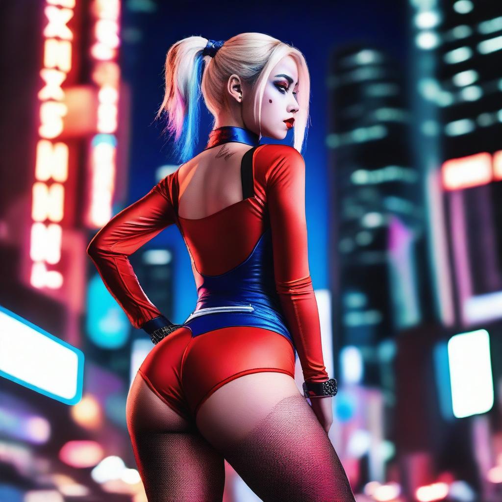 A blonde Asian woman wearing a revealing Harley Quinn costume, bending over