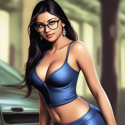 A young Indian girl with glasses, wearing a tight suit that shows some cleavage and reveals her navel