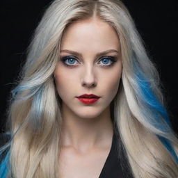 A female portrait with long, flowing hair, split evenly between black and silver-blonde. She has one azure blue eye, and one scarlet red eye.