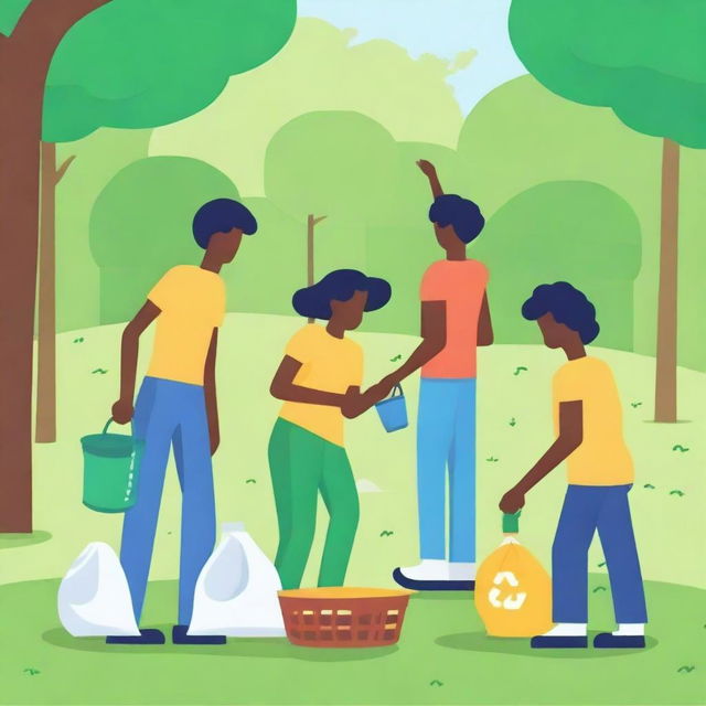 Create an image of people picking up trash in a park