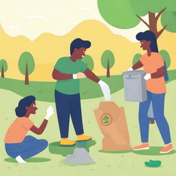 Create an image of people picking up trash in a park