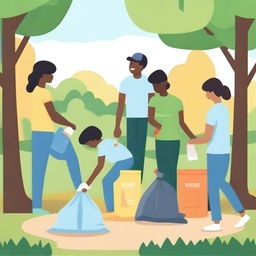 Create an image of people picking up trash in a park