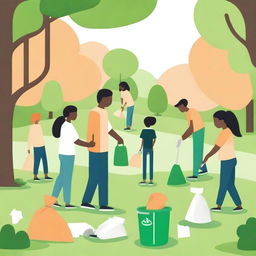 Create an image of people picking up trash in a park