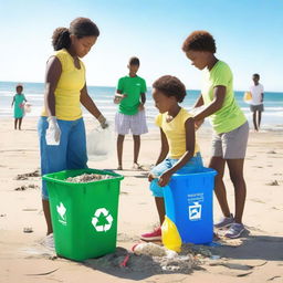 Create an image of people picking up trash on the seashore