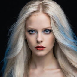 A female portrait with long, flowing hair, split evenly between black and silver-blonde. She has one azure blue eye, and one scarlet red eye.