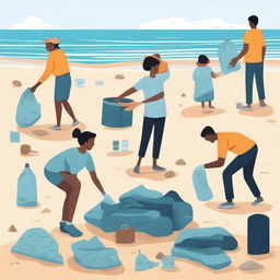 Create an image of people picking up trash on the seashore