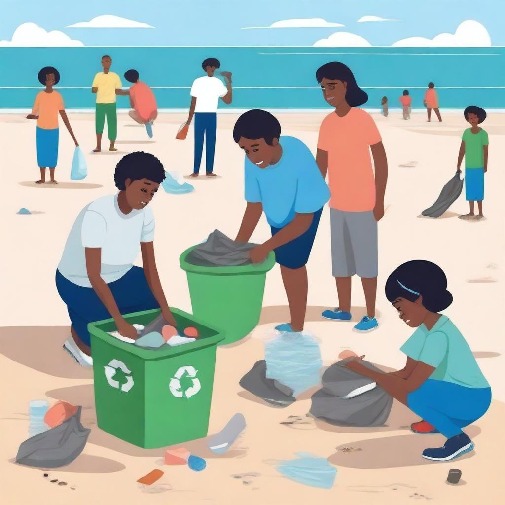 Create an image of people picking up trash on the seashore