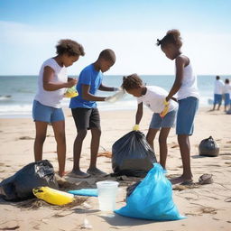 Create an image of people picking up trash on the seashore