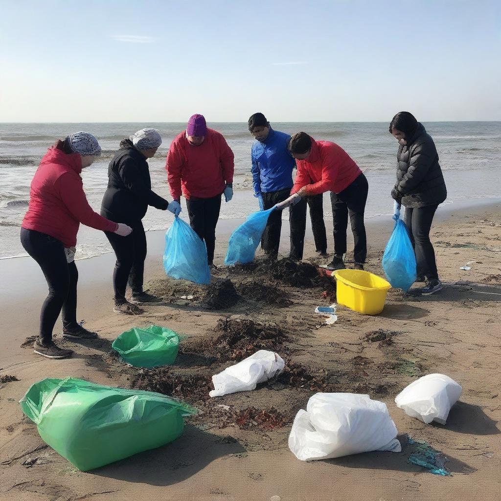 Create an image of people cleaning up the shore of the Caspian Sea