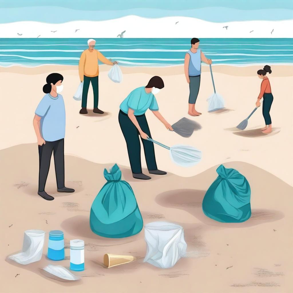 Create an image of people cleaning up the shore of the Caspian Sea