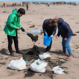 Create an image of people cleaning up the shore of the Caspian Sea