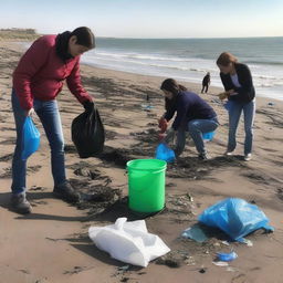 Create an image of people cleaning up the shore of the Caspian Sea