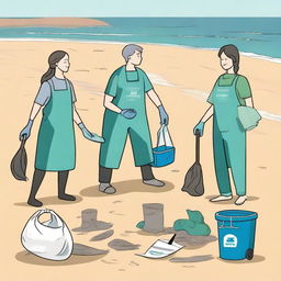 Create an image of people cleaning up the shore of the Caspian Sea