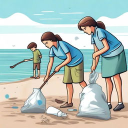 Create an image of people cleaning up the shore of the Caspian Sea