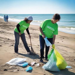 Create an image of people cleaning up the shore of the Caspian Sea