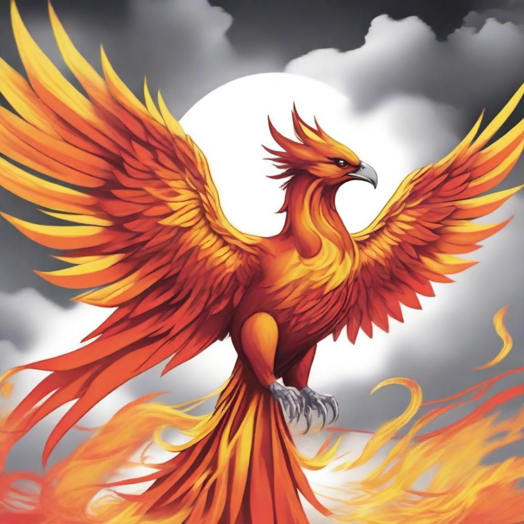 Create a manga cover featuring a majestic phoenix bird with fire wings