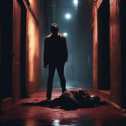 A dark and eerie scene depicting the mystery murder of a man in a dimly lit alley